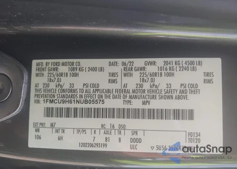 2022 Ford Escape Sel z USA, uszkodzony, nr VIN 1FMCU9H61NUB05575